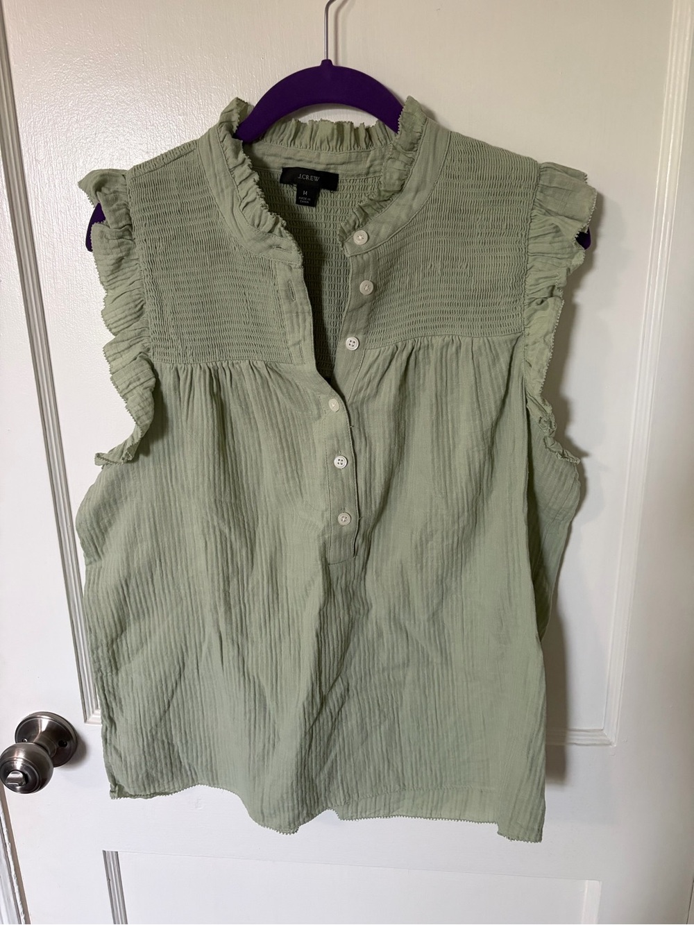 J. Crew Sleeveless Ruffle-Trim Smocked Yoke Top in Light Sage